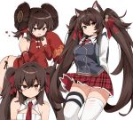  1girl animal_ears backpack bag bangs bare_shoulders bell black_panties blush breasts brown_eyes brown_hair cat_ears china_dress chinese_clothes closed_mouth detached_sleeves double_bun dress girls_frontline hair_between_eyes heart long_sleeves multiple_views murakami_meishi necktie open_mouth panties qbz-97_(girls_frontline) red_dress red_neckwear red_skirt ribbon school_uniform sidelocks skirt sleeves_past_fingers sleeves_past_wrists solo thighhighs twintails underwear white_background white_legwear 