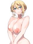  1girl areolae bangs bare_shoulders blonde_hair blush braid breasts cleavage french_braid glands_of_montgomery green_eyes hair_between_eyes highres large_areolae lips long_hair looking_at_viewer medium_breasts navel nude open_mouth rance_(series) rance_10 sheila_helman shikosour shiny shiny_skin sidelocks simple_background solo upper_body v_arms 