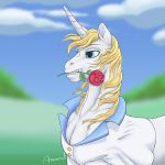  1:1 2019 arareroll blonde_hair blue_eyes clothed clothing equid feral friendship_is_magic hair horn male mammal my_little_pony outside prince_blueblood_(mlp) sky smile solo unicorn 