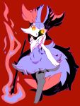  2018 3_toes anthro braixen chest_tuft dipstick_tail fire fur glowing glowing_eyes hi_res inner_ear_fluff looking_at_viewer multicolored_body multicolored_fur multicolored_tail navel nintendo nyaswitchnya open_mouth pok&eacute;mon pok&eacute;mon_(species) red_background shiny_pok&eacute;mon simple_background standing stick toes tuft video_games 