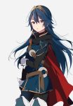  1girl belt belt_buckle black_cape black_shirt blue_hair boots buckle cape fire_emblem fire_emblem_awakening gloves highres long_hair long_sleeves looking_at_viewer lucina_(fire_emblem) open_mouth ribbed_sweater ryon_(ryonhei) shirt simple_background solo sweater symbol-shaped_pupils thigh_boots thighhighs tiara turtleneck very_long_hair white_background wrist_cuffs 