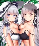  2girls :d azur_lane bangs bare_shoulders black_bra blue_eyes blurry blurry_background blush bra breast_press breasts cleavage collarbone day earrings eyebrows_visible_through_hair formidable_(azur_lane) frilled_bra frills grey_hair hair_ornament hair_ribbon hat highres illustrious_(azur_lane) jewelry lace_trim large_breasts long_hair looking_at_viewer mole mole_under_eye multiple_girls necklace open_mouth outdoors red_eyes ribbon ruby_(gemstone) signature smile strap_slip sun_hat symmetrical_docking twintails two-tone_ribbon underwear very_long_hair white_bra white_hair white_headwear wsman 