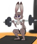  abstract_background anthro barefoot bottomwear cerebral_knievel cheek_tuft clothed clothing crouching dipstick_ears disney ears_up exercise face_tuft female fully_clothed fur grey_body grey_fur hi_res holding_object judy_hopps lagomorph leporid mammal multicolored_ears pink_nose purple_eyes rabbit shirt shorts simple_background solo tank_top topwear tuft weightlifting weights white_background workout zootopia 