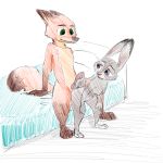  1:1 abstract_background anthro anthro_on_anthro bed black_nose brown_body brown_fur butt canid canine cerebral_knievel dipstick_tail disney duo ears_back female fluffy fluffy_tail fox fur furniture green_eyes grey_body grey_fur hi_res judy_hopps knot lagomorph leg_markings leporid looking_at_another looking_back male male/female mammal markings multicolored_tail nick_wilde on_bed orange_body orange_fur penis pink_nose pivoted_ears purple_eyes rabbit red_fox scut_tail simple_background sitting sketch socks_(marking) standing white_background zootopia 
