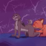  1:1 abstract_background all_fours bed bite biting_lip breasts buckteeth canid canine cerebral_knievel cheek_tuft disney duo ears_down eye_roll eyes_closed face_tuft featureless_breasts female fox fur furniture grabbing_sheets grey_body grey_fur hi_res inner_ear_fluff judy_hopps lagomorph leporid looking_pleasured male male/female mammal nick_wilde nude on_bed oral orange_body orange_fur pink_nose pivoted_ears purple_background rabbit red_fox scut_tail simple_background tan_body tan_fur teeth tuft zootopia 