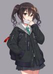  1girl :o backpack bag black_jacket black_skirt brown_eyes brown_hair collared_shirt cowboy_shot drawstring green_neckwear hair_between_eyes hand_in_pocket hand_up hood hood_down hooded_jacket idolmaster idolmaster_cinderella_girls jacket long_hair long_sleeves looking_at_viewer mask_pull miniskirt mole mole_under_eye necktie open_mouth pleated_skirt school_uniform sharp_teeth shirt sidelocks skirt solo standing striped striped_neckwear sunazuka_akira surgical_mask teeth twintails wavy_hair white_shirt yuuhi_(ages) 