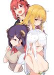  4girls absurdres ahoge bangs bare_shoulders bat_hair_ornament bikini black_hair black_shirt blonde_hair blue_eyes bow bowtie breasts cleavage closed_eyes collarbone collared_shirt commentary_request cross_hair_ornament demon_horns gabriel_dropout green_bikini hair_between_eyes hair_ornament hair_ribbon hair_rings highres horns kurumizawa_satanichia_mcdowell large_breasts long_hair looking_at_viewer looking_to_the_side loose_necktie medium_hair messy_hair multiple_girls necktie open_collar open_mouth pink_cardigan purple_eyes red_hair red_neckwear red_ribbon ribbon school_uniform shiraha_raphiel_ainsworth shirt short_sleeves silver_hair sweater_vest swimsuit tenma_gabriel_white tsukinose_vignette_april ttr41328 upper_body white_background white_shirt x_hair_ornament 