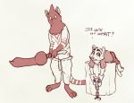  ? anthro barefoot bodily_fluids bottomwear civet claws clothed clothing dialogue dildo disney duo english_text fan_character fully_clothed herpestid holding_object holding_weapon huge_dildo inner_ear_fluff looking_at_viewer lying male mammal mask mongoose on_front pants rob_(robcivecat) robcivecat sex_toy shirt simple_background standing stump sweat text toe_claws topless topwear tuft viverrid weapon white_background zootopia 