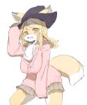  4_fingers anthro blonde_hair blush bottomwear canid canine clothed clothing cute_fangs female fingers fox hair kemono long_hair looking_at_viewer mammal open_mouth open_smile red_eyes silinder simple_background skirt smile solo tongue white_background 