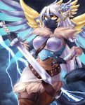  2019 anthro armor belt black_body black_fur blizzard_entertainment breasts cosplay dannyckoo domestic_cat felid feline felis female fur hair hi_res holding_object holding_sword holding_weapon lightning mammal melee_weapon mercy_(overwatch) overwatch solo sword tresertf video_games weapon white_hair wings yellow_eyes 