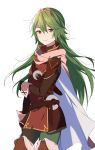  1girl alternate_color belt belt_buckle boots buckle cape fire_emblem fire_emblem_awakening gloves green_hair highres long_hair long_sleeves looking_at_viewer lucina_(fire_emblem) open_mouth ribbed_sweater ryon_(ryonhei) shirt simple_background solo sweater symbol-shaped_pupils thigh_boots thighhighs tiara turtleneck very_long_hair white_background wrist_cuffs 