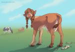  2019 absurd_res all_fours anthro anus bovid bovine braided_hair breasts brown_body brown_fur brown_hair busty_feral butt cattle day eating female feral freckles fur grass green_eyes group hair hi_res hooves human_to_feral long_hair mammal outside presenting presenting_hindquarters pussy reservoirdog_(artist) solo_focus species_transformation teats transformation udders 