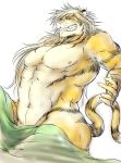  2019 5_fingers anthro blonde_hair eyes_closed felid fingers fur grin hair hand_wraps long_hair magan male mammal muscular muscular_male naturally_censored navel pantherine pecs smile tiger tokyo_afterschool_summoners video_games wraps yellow_body yellow_fur yusakovichi 