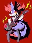  2018 3_toes anthro blush braixen chest_tuft dipstick_tail front_view fur glowing glowing_eyes guitar hi_res inner_ear_fluff multicolored_body multicolored_fur multicolored_tail music musical_instrument nintendo nyaswitchnya open_mouth playing_guitar playing_music pok&eacute;mon pok&eacute;mon_(species) red_background shiny_pok&eacute;mon simple_background solo standing toes tuft video_games 