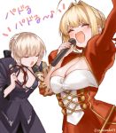  2girls :d ^_^ ahoge arm_up artoria_pendragon_(all) bangs black_bow black_dress blonde_hair blush bow braid breasts cleavage closed_eyes dress eyebrows_visible_through_hair fate/extra fate/stay_night fate_(series) hair_between_eyes hair_bow hair_bun hair_intakes holding holding_instrument holding_microphone instrument juliet_sleeves long_sleeves medium_breasts microphone multiple_girls nero_claudius_(fate) nero_claudius_(fate)_(all) open_mouth outstretched_arm puffy_sleeves red_dress saber_alter sidelocks simple_background smile tambourine translation_request twitter_username v-shaped_eyebrows white_background yayoimaka03 