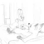  1:1 all_fours anthro anthro_on_anthro balls bed bedroom black_and_white breasts buckteeth butt canid canine cerebral_knievel dipstick_ears disney ears_up erection female fox furniture gloves_(marking) hi_res imminent_sex inside judy_hopps knot lagomorph leg_markings leporid looking_at_another lying male male/female mammal markings monochrome multicolored_ears nick_wilde nude on_back on_bed open_mouth penis rabbit scut_tail sketch socks_(marking) teeth zootopia 