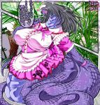  2019 anthro big_breasts blush breasts female hair japanese_text naga reptile scales scalie serpentine snake solo text ymbk 