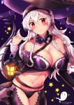  1girl artist_logo artist_name bare_shoulders belt black_gloves black_headwear black_legwear blush breasts chinchongcha cleavage corrin_(fire_emblem) corrin_(fire_emblem)_(female) cowboy_shot detached_collar dragon_tail elbow_gloves fire_emblem fire_emblem_fates floating_hair ghost glint gloves groin hair_between_eyes hairband halloween hat highres lantern long_hair looking_at_viewer medium_breasts midriff navel red_eyes silver_hair smile solo star strapless tail thighs tubetop 