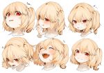  1girl :d :p ^_^ bangs blonde_hair clenched_teeth closed_eyes commentary expressions eyebrows_visible_through_hair fan fangs flandre_scarlet gotoh510 grin hair_between_eyes hand_up head_tilt highres looking_at_viewer multiple_views no_hat no_headwear one_side_up open_mouth pointy_ears red_eyes short_hair side_ponytail simple_background slit_pupils smile sweat symbol_commentary teeth tongue tongue_out touhou translation_request v-shaped_eyebrows white_background 