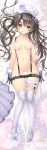  1girl bell_earrings black_gloves black_hair carnelian censored cross-laced_clothes dakimakura earrings eyebrows_visible_through_hair full_body garters gloves green_eyes grey_legwear hair_between_eyes hair_ribbon heart heart_censor jewelry kantai_collection long_hair looking_at_viewer lying navel no_panties open_mouth pillow purple_ribbon ribbon sample short_shorts shorts shorts_pull sidelocks solo star star_print suspenders thighhighs topless twintails zuikaku_(kantai_collection) 