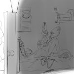  1:1 ambiguous_penetration anthro anthro_on_anthro bed bedroom book breasts buckteeth canid canine cerebral_knievel disney door female fox furniture greyscale group hi_res inside judy_hopps lagomorph leporid male male/female mammal monochrome nick_wilde nude on_bed penetration rabbit scut_tail sex sitting stealth_sex straddling teeth zootopia 