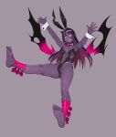  1girl animal_ears armpits ass barefoot breasts bunny_ears bunnysuit cleavage demon_horns demon_wings grey_background grin hair_between_eyes highres horns long_hair looking_at_viewer navel original outstretched_arms pointy_ears purple_eyes purple_hair purple_skin simple_background smile solo sore_wa_bokutachi_no_kiseki wings wrist_cuffs yuuji_(and) 