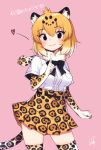  1girl animal_ears black_hair black_neckwear blonde_hair blush bow bowtie center_frills commentary cowboy_shot elbow_gloves eyebrows_visible_through_hair fur_collar gloves hatagaya heart high-waist_skirt jaguar_(kemono_friends) jaguar_ears jaguar_girl jaguar_print jaguar_tail kemono_friends multicolored_hair pink_background print_gloves print_legwear print_skirt shirt short_hair short_sleeves simple_background skirt smile solo tail thighhighs translated white_hair white_shirt yellow_eyes zettai_ryouiki 