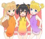  3girls :d bangs bare_shoulders black_hair blonde_hair blue_eyes blunt_bangs blush bow breasts china_dress chinese_clothes double_bun dress eyebrows_visible_through_hair fangs green_eyes hair_between_eyes hair_bow idolmaster idolmaster_cinderella_girls jougasaki_rika long_hair looking_at_viewer mary_cochran matoba_risa moyori multiple_girls open_mouth orange_dress purple_dress short_dress small_breasts smile standing v white_bow yellow_dress yellow_eyes 