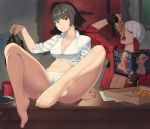  1boy 1girl barefoot bikini black_hair blurry blurry_background breasts cover dante_(devil_may_cry) devil_may_cry devil_may_cry_3 feet fingerless_gloves food gloves heterochromia lady_(devil_may_cry) magazine_cover navel panties partially_unbuttoned pizza silver_hair sitting skirt skirt_removed smile stomach suwaiya swimsuit toes underwear white_panties 
