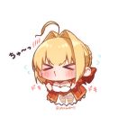  &gt;_&lt; 1girl ahoge bangs blonde_hair blush bow braid breasts chibi cleavage closed_eyes dress eyebrows_visible_through_hair fate/extra fate_(series) flying_sweatdrops full_body hair_bow hair_intakes juliet_sleeves long_sleeves medium_breasts nero_claudius_(fate) nero_claudius_(fate)_(all) puffy_sleeves red_bow red_dress see-through simple_background solo translation_request twitter_username v-shaped_eyebrows white_background yayoimaka03 