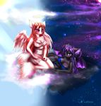  :3 absurd_res angel anthro artemis_tsukino big_breasts big_eyes black_body black_fur blush breasts bulge cali_pona cleavage clothed clothing cloud day demon domestic_cat duo evil_look felid feline felis female fur gynomorph hair halo hi_res horn inner_ear_fluff intersex kneeling loincloth long_hair long_tail lying mammal moon night on_side pink_eyes pink_hair pink_nose purple_eyes purple_hair robe shirt simetra_kuro sky star sun tank_top topwear tuft white_body white_fur wings 