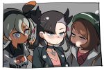  asymmetrical_hair bangs black_jacket blue_eyes blush bob_cut brown_eyes brown_hair chillarism dark_skin eating_hair female_protagonist_(pokemon_swsh) green_headwear grey_eyes gym_leader hairband hat jacket licking_hair mary_(pokemon) pokemon pokemon_(game) pokemon_swsh saitou_(pokemon) saliva short_hair sweat tam_o&#039;_shanter undercut 