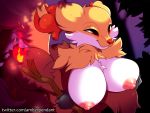  2019 amberpendant anthro areola big_breasts breast_rest breasts butt canid canine delphox digital_media_(artwork) female fire fur hi_res inner_ear_fluff looking_at_viewer mammal nintendo nipples nude outside pok&eacute;mon pok&eacute;mon_(species) presenting presenting_breasts red_eyes smile solo text tuft url video_games yellow_body yellow_fur 