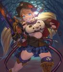  1girl blonde_hair blue_eyes breast_press breasts chainsaw draph granblue_fantasy grin gwtm2288 hallessena halloween_costume hat highres horns large_breasts long_hair low_twintails navel night plaid plaid_skirt pointy_ears skirt smile twintails 