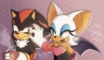  2019 annoyed anthro breasts chiropteran clothing cup dialogue duo english_text eulipotyphlan eyeshadow female fur gloves handwear hedgehog makeup male mammal membrane_(anatomy) membranous_wings open_mouth open_smile quark19601 rouge_the_bat shadow_the_hedgehog signature smile sonic_(series) text video_games wings 