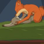  1:1 anthro anthro_on_anthro bed black_nose canid canine cerebral_knievel cheek_tuft claws dipstick_tail disney eyes_closed face_tuft female fox fur furniture gloves_(marking) grey_background hi_res inner_ear_fluff inside judy_hopps kissing lagomorph leporid light lighting lying male male/female mammal markings multicolored_tail nick_wilde nude on_back on_bed orange_body orange_fur rabbit red_fox simple_background tan_body tan_fur tuft zootopia 