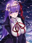  1girl bangs bb_(fate) bb_(fate/extra) black_coat branch breasts cherry_blossoms coat collared_shirt commentary_request fate/extra fate/extra_ccc fate/grand_order fate_(series) flower hair_between_eyes hair_ribbon high_collar large_breasts long_hair long_sleeves looking_at_viewer mine_suto_rongu neck_ribbon on_liquid petals pink_flower purple_eyes purple_hair red_neckwear red_ribbon ribbon shirt sitting solo water white_shirt 