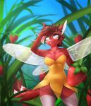  2018 amelia_(chikachi) anthro breasts brown_hair canid canine canis clothing dannyckoo dress female food fruit fur grass hair hi_res insect_wings legwear mammal navel outside plant red_body red_fur smile solo standing stockings strawberry tresertf wings wolf 