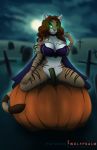  2019 anthro big_breasts bottomless bra breasts clothed clothing digital_media_(artwork) domestic_cat felid feline felis female food fruit grin hair halloween hi_res holidays long_hair magic_user mammal outside partially_clothed plant pumpkin smile solo tabby_cat underwear watermark witch wolfpsalm 