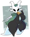  2019 anthro arthropod belly big_breasts bikini black_body black_skin breasts cape cleavage clothed clothing empty_eyes fan_character featureless female headgear headwear holding_object holding_weapon hollow_knight horn huge_breasts insect insect_wings leaf looking_at_viewer meirdent melee_weapon micro_bikini nail on_one_leg skimpy slightly_chubby sling_bikini solo standing swimwear thick_thighs vessel_(species) video_games weapon wide_hips wings 