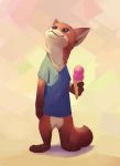  abstract_background ambiguous_gender anthro biped black_nose bottomless brown_eyes canid canine claws clothed clothing dessert elodoart featureless_crotch fluffy fluffy_tail food fox full-length_portrait fur gloves_(marking) hi_res holding_object ice_cream ice_cream_cone inner_ear_fluff leg_markings light lighting looking_up mammal markings orange_body orange_fur portrait red_fox shirt socks_(marking) solo toe_claws topwear tuft white_body white_fur 