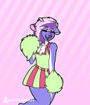  2019 animated anthro berry_frost cervid cheerleader clothed clothing eyes_closed freckles girly hair hi_res male mammal multicolored_hair open_mouth pattern_background simple_background solo striped_background whisperfoot 