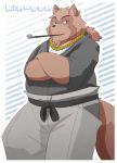  2012 anthro bottomwear brown_body brown_fur canid canine clothing fur hi_res male mammal overweight overweight_male pants raccoon_dog realiron_(artist) simple_background smoking solo tanuki text 