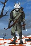  anthro armor arrow bow_(weapon) canid canine canis chain clothed clothing dorve_rimfjord_(character) facial_hair fur gambeson hi_res khatmedic leaf longbow looking_at_viewer mail male mammal melee_weapon mustache ranged_weapon red_eyes snow snowing solo splint sword tree tunic weapon white_body white_fur wolf 