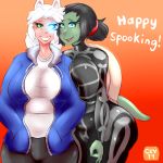  1:1 2019 animal_humanoid anthro big_breasts black_hair blue_eyes bone breasts canid canid_humanoid canine canine_humanoid cev cev_rosa clothed clothing cosplay digital_media_(artwork) duo english_text female glowing glowing_eyes green_eyes hair halloween heterochromia holidays humanoid looking_at_viewer mammal mammal_humanoid reptile sans_(undertale) scalie shell skeleton smile standing text the_circle_game turtle turtle_mom undertale video_games 