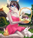  2019 ambiguous_gender anthro basket big_breasts black_hair blue_eyes blue_highlights breasts chikachi choker clothing cloud daffodil_(flower) dannyckoo day detailed_background dress easter egg female feral fur grass grey_body grey_fur group hair hi_res highlights_(coloring) holding_object holidays jewelry lagomorph lavender_(flower) leporid mammal multicolored_highlights necklace outside rabbit sitting smile tree tresertf 