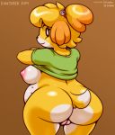  2019 animal_crossing anthro belly big_butt blonde_hair breasts butt canid canine canis clothing digital_media_(artwork) domestic_dog female fluffyfrumples fur hair isabelle_(animal_crossing) looking_at_viewer looking_back mammal multi_nipple nintendo nipples overweight overweight_female pussy rear_view shih_tzu side_belly side_boob simple_background solo thick_thighs toy_dog undressing video_games wide_hips yellow_body yellow_fur 