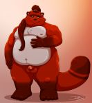  2014 anthro balls belly canid canine damingo flaccid hi_res humanoid_hands male mammal moobs navel nipples overweight overweight_male penis raccoon_dog simple_background solo tanuki 