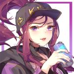  1girl akali high_ponytail jacket k/da_(league_of_legends) k/da_akali kan_(rainconan) league_of_legends lipstick makeup nail_polish purple_eyes purple_hair purple_jacket smile solo spray_can 