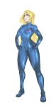  1girl alternate_hairstyle blonde_hair blue_bodysuit blue_eyes bodysuit breasts gloves hair_down hands_on_hips highres kenjanoishi long_hair medium_breasts metroid muscle samus_aran shiny simple_background skin_tight solo white_background zero_suit 